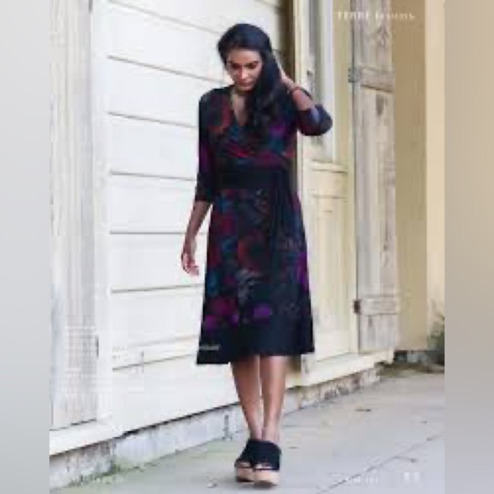 Jones Newyork Women Multicolor Polyester V-Neck Long Sleeve Knee Length Dress 14